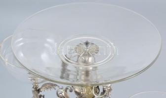 Asztali kínáló, díszes alpakka, pótolt üvegekkel, és szorítóval, apró csorbákkal 50x28x33cm