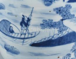 Régi kínai váza, mázalatti kobaltkékkel festett porcelán, jelzés nélkül, alján lyuk, kopott, vaspött...