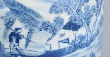 Régi kínai váza, mázalatti kobaltkékkel festett porcelán, jelzés nélkül, alján lyuk, kopott, vaspött...