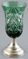 Ezüst (Ag) talpú zöld kristály váza, jelzett, lecsiszolt szájperemmel, csorbákkal, m:14cm, vésett felirattal