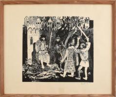 Berki Viola (1932-2001): Harcosok (cím nélkül). Szitanyomat, papír, jelzett, üvegezett fakeretben, 30×33 cm