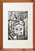 Molnár C. Pál (1894-1981): Itáliai város. Fametszet, papír, utólagos jelzéssel, üvegezett fa keretben, 27×19 cm
