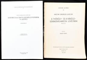 Magyar Országos Levéltár 2 db kiadványa: Maksay Ferenc: A Thököly- és a Rákóczi-szabadságharcok levéltárai. Repertórium. Levéltári leltárak 52. + Kisebb családi és személyi fondok. VI. kötet. Repertórium. Szerk.: Fazekas István. A Magyar Országos Levéltár segédletei 5. Bp., 1971-1999, Magyar Országos Levéltár, 38 p., 189 p. Kiadói papírkötés, az egyik sérült borítóval.