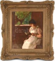 Szüle Péter (1886-1944): Olvasó hölgy portréja. Olaj, vászon, jelzett. Restaurált. Dekoratív fakeretben, 60×50 cm.