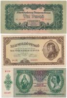 1930. 100P + 1936. 10P + 1944. 10P (2x) + 1946. 10.000P fejjel lefelé ragasztott bélyeggel + 1946. 1...