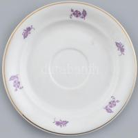 Hollóházi lila virágmintás teás készlet, matricás, jelzett, kis kopásnyomokkal, 6 személyes