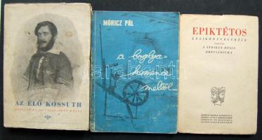 cca 1940 Kis könyvtétel, benne: "Epiktétos" kézikönyvecskéje, "Az élő Kossuth" válogatott művei és Móricz Pál: "A boglya-kemence mellől" Dankó Imre író aláírásával