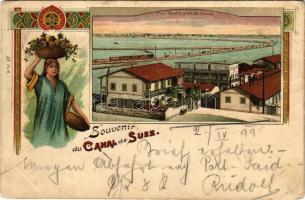 1899 (Vorläufer) Suez Canal, Canal de Suez; Port Tewfik allée de Suez / Port Tawfiq, locomotive, railway, train, folklore. Art Nouveau, floral, litho (EK)