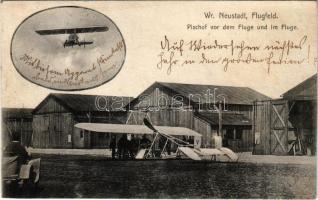 1910 Wiener Neustadt, Bécsújhely; Flugfeld, Pischof vor dem Fluge und im Fluge / airfield, Alfred de Pischof aviator with his aircraft (r)