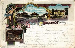 1900 Pragersko, Pragerhof bei Marburg; Bahnhof Restauration, Schloss / railway station and restaurant, castle. A. Schwidernoch Art Nouveau, floral, litho (EK)