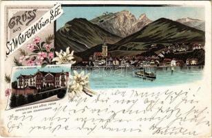 1898 (Vorläufer) Sankt Wolfgang am See, Hotel und Pension P. Peter an der Zahnradbahn. Art Nouveau, floral, litho (fa)