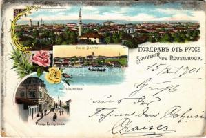 1901 Ruse, Rousse, Russe, Roustchouk, Rustschuk; Vue du Danube, Rue Kniajesckaia / river, street. A. Dimitroff Art Nouveau, floral, litho (EB)