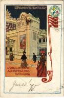 1898 (Vorläufer) Wien, Vienna, Bécs; Jubiläumsausstellung, Urania Theater. Officielle Ausstellungs-Postkarte Philipp & Kramer 18. / Viennese Jubilee Exhibition advertisement art postcard. Vilim (cut)