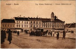 1918 Eszék, Essegg, Osijek; Trg Khuen Hedervary / Khuen-Héderváry tér, lóvasút, piac, üzletek. Vasúti levelezőlapárusítás 5638. / square, horse-drawn tram, market, shops (ázott sarok / wet corner)
