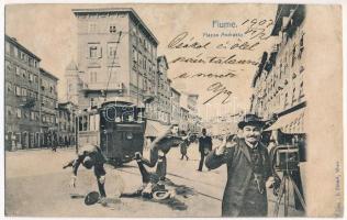 1907 Fiume, Rijeka; Piazza Andrassy / Andrássy tér, villamos. Montázs elbotló férfiakkal és fényképésszel / square, tram. Montage with stumbling men and a photographer. Dep. J. Einerl (Wien) (r)