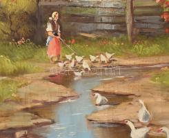 Hercegfalvy jelzéssel: Libapásztorlány. Olaj, vászon. Feltekerve. 64,5x84 cm