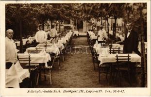 1936 Budapest II. Schräpler-halászkert (később Sipos vendéglő), kerthelyiség pincérekkel. Lajos utca 27. (Újlak)