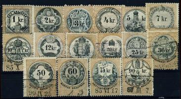 1881 I. vízjel Okmánybélyeg sor 16 db klf krajcáros értéke