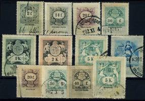 1899 Okmánybélyeg sor 12 db klf értéke csillag, szám vagy fordított szám vízjellel