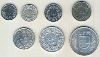 Svájc 1939. 5R, 10R, 20R, 1/2Fr Ag, 1Fr Ag, 2Fr Ag, 5Fr Ag, egy kivételével komplett sor (1R RR!!) T...