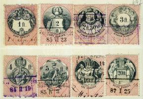 1881 Okmánybélyeg sor 8 db klf Forintos értéke