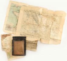 cca 1915 I. világháborús katonai térképtartó erősen használt állapotban, 6 db korabeli magyar és főleg galíciai katonai térképpel