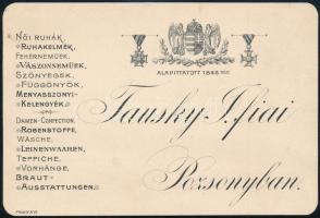cca 1880 Tausky J fiai pozsonyi (Felvidék) ruha és vászonkereskedő megrendelés visszaigazolása címeres reklámkarton kártyáján, szép állapotban