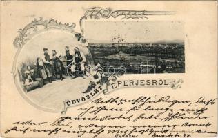 1899 (Vorläufer) Eperjes, Presov; látkép, népviselet / general view, folklore. Art Nouveau, floral (EK)