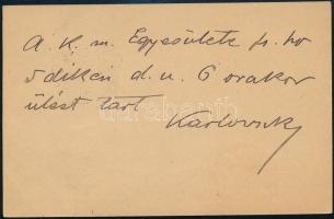 1900 Karlovszky Bertalan (1858-1938) festőművész saját kézzel írt és aláírt levelezőlapja Kézdi Kovács László festő részére, szép állapotban
