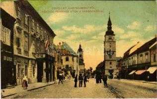 Nagyszombat, Tyrnau, Trnava; Rákóczi Ferenc utca, Városháza, üzletek. W.L. Bp. 698. / street view, town hall, shops (r)