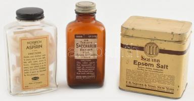 Régi 1950 körüli Aspirin üveg, Sacharin üveg és Epsom só, 2db tartalommal.
