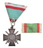 1942. "Tűzkereszt I. fokozata" oxidált hadifém kitüntetés mellszalaggal, szalagsávval T:2 Hungary 1942. "Fire Cross, 1st Class" war metal decoration with ribbon and miniature ribbon C:XF NMK 443.