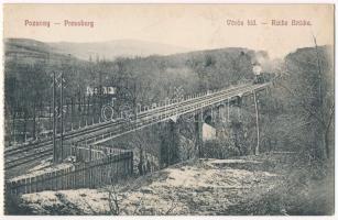Pozsony, Pressburg, Bratislava; Rothe-Brücke / Vörös híd, vasúti híd, gőzmozdony, vonat / railway bridge, locomotive, train (ázott / wet damage)