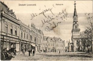 1906 Losonc, Lucenec; Kubinyi tér, Jamrich Gusztáv, Ifj. Steiner József, Halmos Hugó üzlete / square, shops (EK)