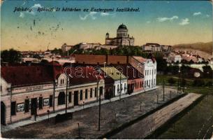 Párkány, Parkan, Stúrovo; Rákóczi út, Községi nagyvendéglő, étterem és kávéház, háttérben az Esztergomi bazilika / street view, restaurant and café, basilica (lyuk / hole)