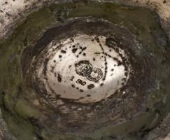 USA ezüstözött ón, szecessziós, talpas kínáló, kopott, javított, jelzett, m:17cm