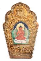 Buddhista miniatűr kézzel festve, dombornyomott bőr kerettel. XX. sz. eleje. Jelzett. sérült 18x11 cm