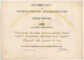 Nagykálló 1923. Szabolcsmegyei Takarékpénztár részvénye 1000K értékben, szelvényekkel, szárazpecséttel T:III
