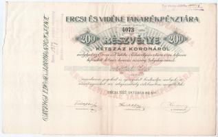 Ercsi 1922. Ercsi és Vidéke Takarékpénztára névre szóló részvénye 200K-ról, szárazpecséttel, bélyegzéssel, szelvényekkel T:III