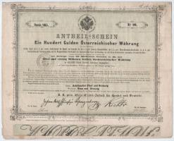 Ausztria / Bécs 1858. "K.K. Österrechische Credit-Anstalt für Handel und Gewerbe" részvénye 100G értékben T:III Austria / Wien 1858. "K.K. Österrechische Credit-Anstalt für Handel und Gewerbe" share with the value of 100 Gulden value C:F