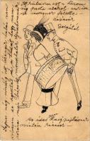 1910 Kézzel rajzolt művészlap / Hand-drawn art postcard s: Dolga + GURAHONCZ - ARAD 69. SZ. vasúti mozgóposta bélyegző