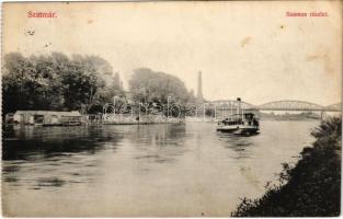 1913 Szatmárnémeti, Szatmár, Satu Mare; Szamos részlet, gőzhajó, híd / Somes riverside, steamship, bridge (EK)