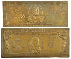 Amerikai Egyesült Államok DN 1998. 50$ + 100$ sárgaréz bankjegy veretek (2xklf) (60x150mm + 68x157mm) T:1- patina USA ND 1998. 50 Dollars + 100 Dollars brass banknotes (2xdiff) (60x150mm + 68x157mm) C:AU patina