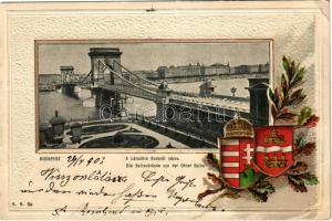1903 Budapest, Lánchíd. Magyar címeres dombornyomott litho keret / Emb. litho frame with Hungarian coat of arms (apró lyuk / tiny pinhole)