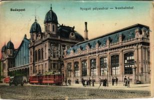 1914 Budapest VI. Nyugati pályaudvar, vasútállomás, villamos, automobil (vágott / cut)