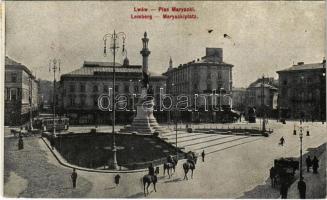 1916 Lviv, Lemberg, Lwów; Plac Maryacki / Platz / square, trams + "K.u.K. Militärzensur Lemberg"