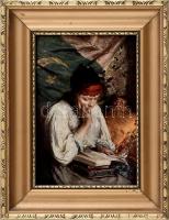 Dekoratív üvegezett fakeret, benne olvasó nő nyomattal, kopásnyomokkal, 28x19cm