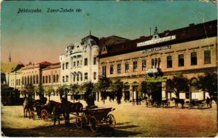 1914 Békéscsaba, Szent István tér, Városháza, Polgári leányiskola, motor, városi vasút, Haider Vilmos fényképészeti műterme, Aradi Ipar és Népbank Békésmegyei fiókja, üzletek (EB)