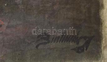 Olvashatatlan jelzéssel: Faluvége. Olaj, vászon. Sérült, feltekerve. 51x74 cm