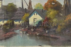 Olvashatatlan jelzéssel: Faluvége. Olaj, vászon. Sérült, feltekerve. 51x74 cm